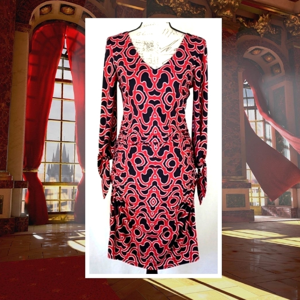 Red Black Longsleeve Midi Dress with Tie-Sleeve Details